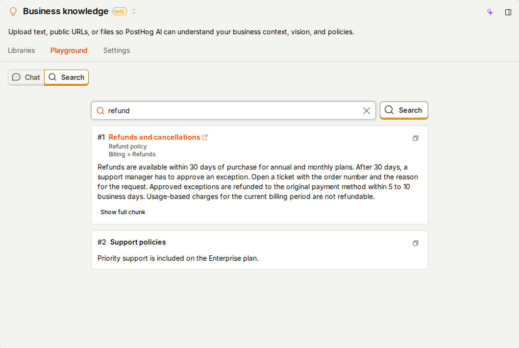 Playground Search results for the query refund, listing two ranked chunks